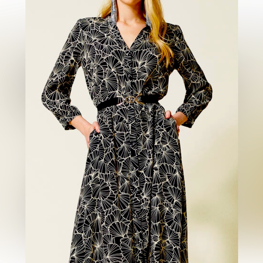 TwinSet NWT shirtdress, ginkgo leaf print. Rich taupe color size 40 US 6, 8